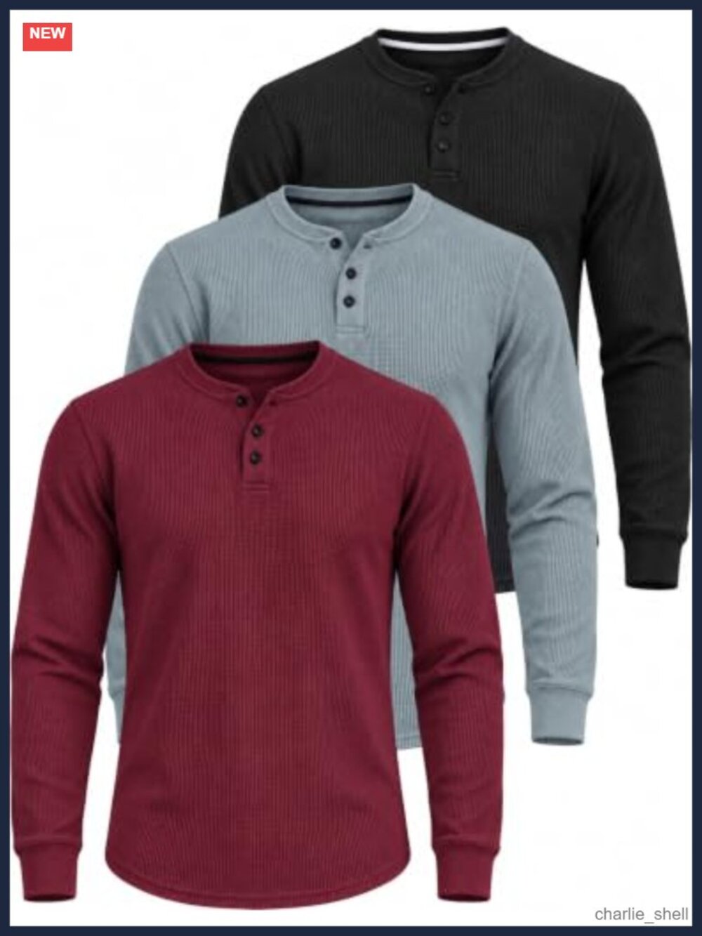 Men's Waffle Henley Long Sleeve Thermal Shirt 3 Pack